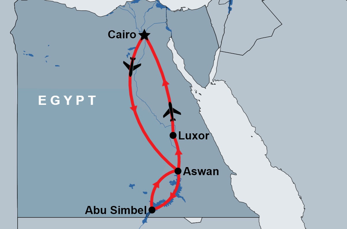 2 Day Aswan, Abu Simble and Luxor from Cairo map 2 Day Aswan, Abu Simble and Luxor from Cairo map